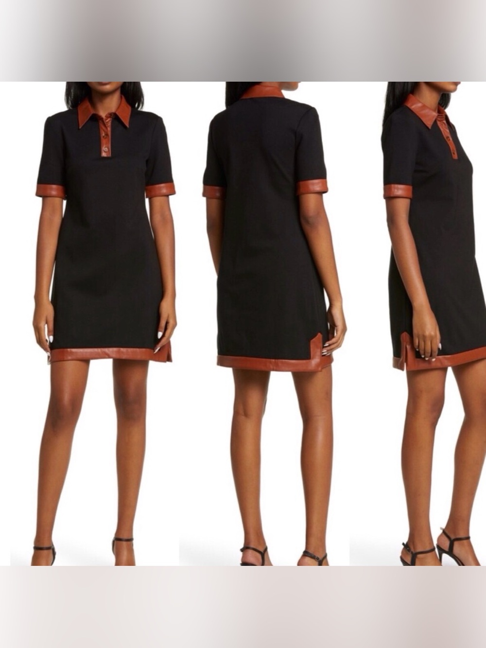 Eliza J Black Mini Dress Brown Trim Polo Collar